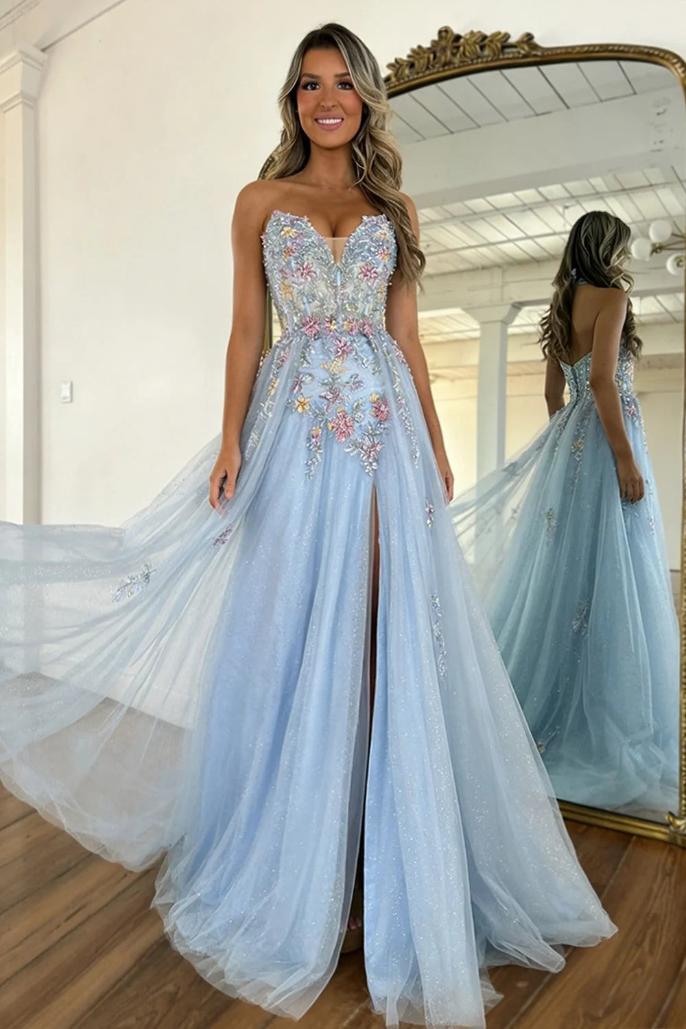 Romantic A Line Sweetheart Light Blue Tulle Prom Dress with Flowing Train DP7449