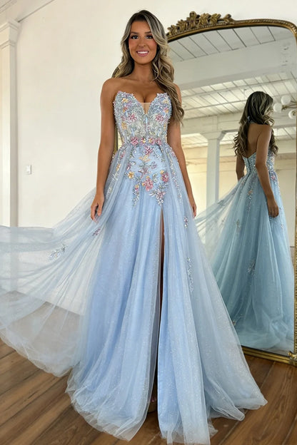 Romantic A Line Sweetheart Light Blue Tulle Prom Dress with Flowing Train DP7449