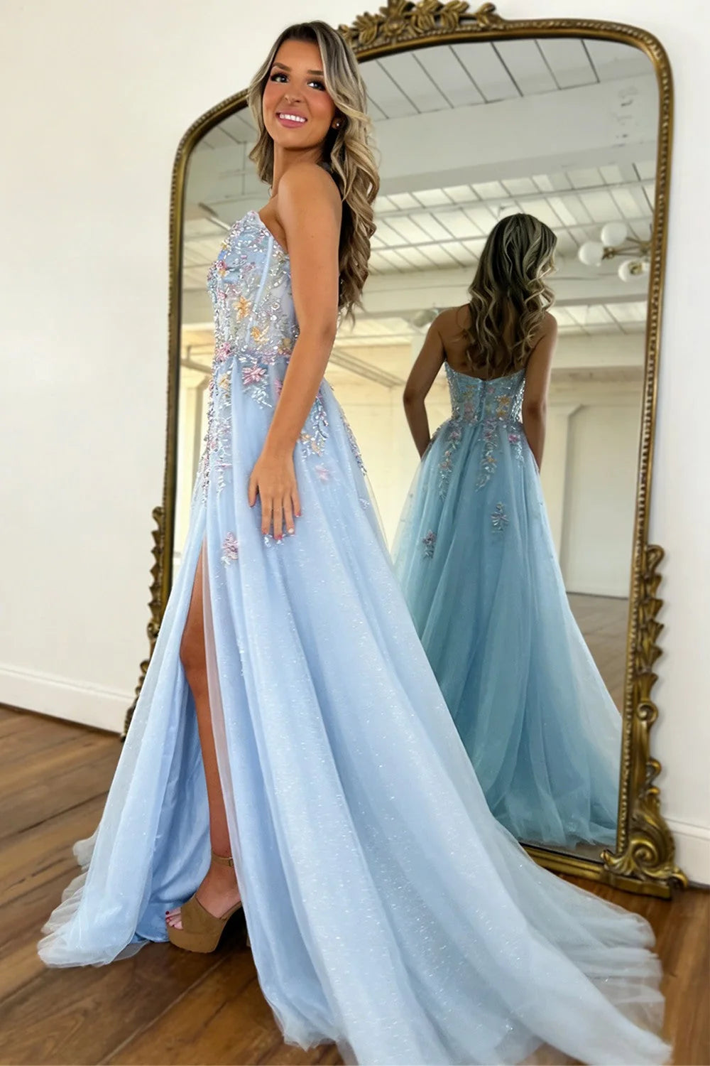 Romantic A Line Sweetheart Light Blue Tulle Prom Dress with Flowing Train DP7449