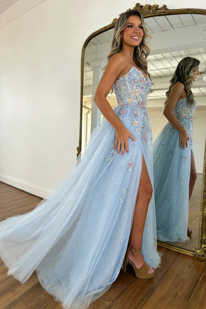 Romantic A Line Sweetheart Light Blue Tulle Prom Dress with Flowing Train DP7449