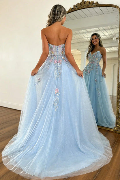 Romantic A Line Sweetheart Light Blue Tulle Prom Dress with Flowing Train DP7449