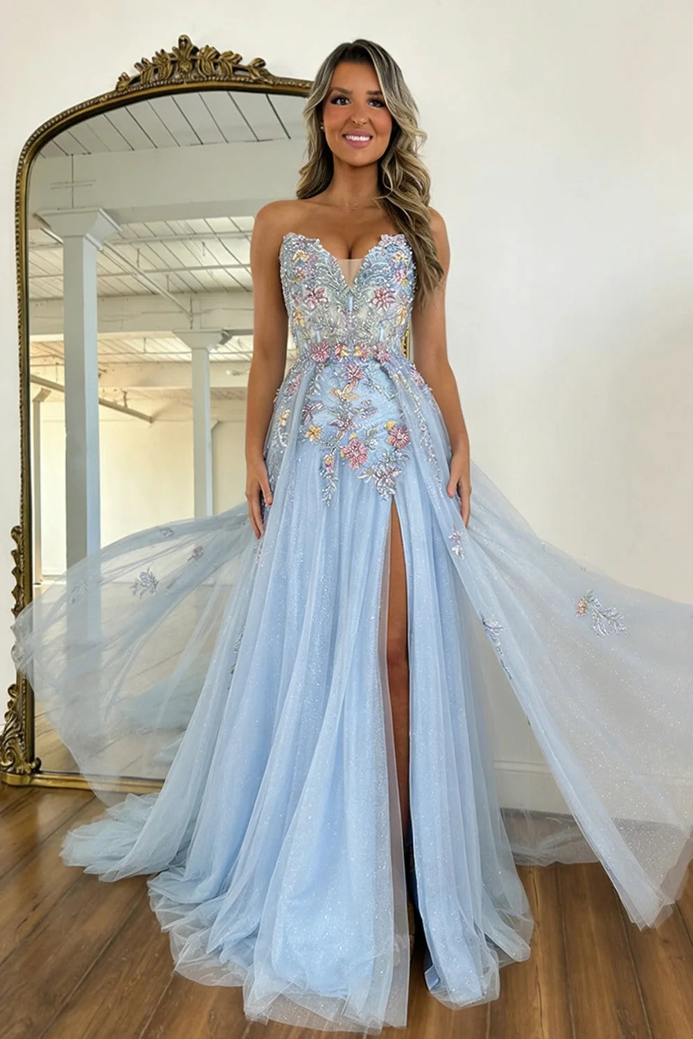 Romantic A Line Sweetheart Light Blue Tulle Prom Dress with Flowing Train DP7449