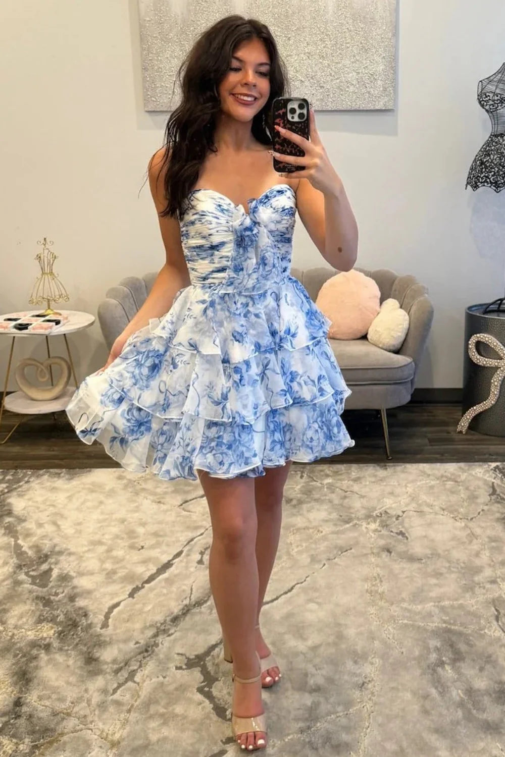 Sweety Blue Floral Printed A Line Sweetheart Short Homecoming Dress with Ruffles DP7369