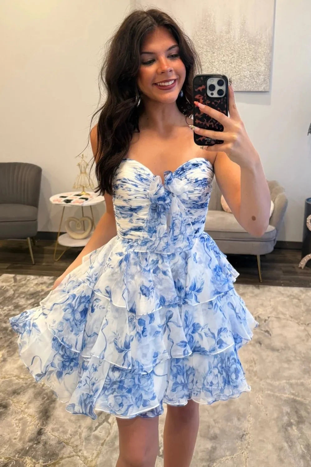 Sweety Blue Floral Printed A Line Sweetheart Short Homecoming Dress with Ruffles DP7369