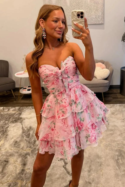 Pretty A Line Sweetheart Pink Floral Printed Short Homecoming Dress with Ruffles DP7367