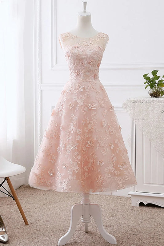 Round Neck Pink Floral Applique Short Homecoming Dresses Evening Dresses DP1069