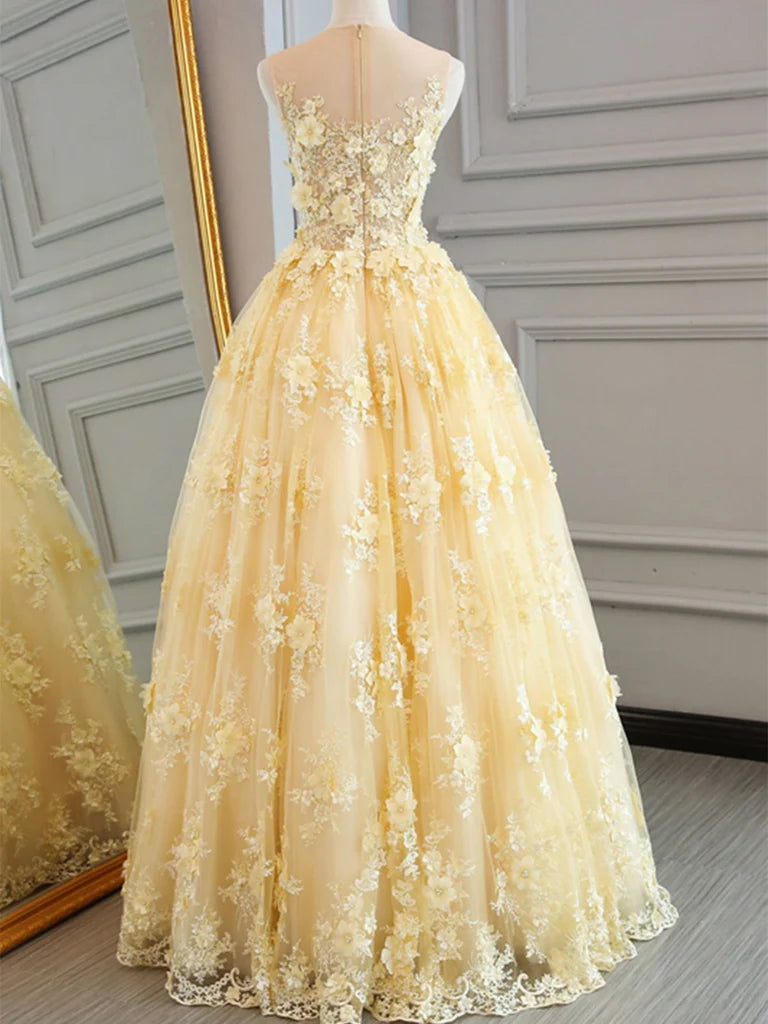 A Line Round Neck Appliques Yellow Lace Tulle Prom Dresses Evening Dresses DP866