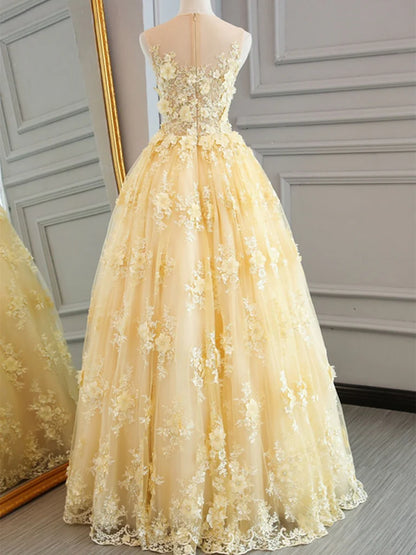 A Line Round Neck Appliques Yellow Lace Tulle Prom Dresses Evening Dresses DP866