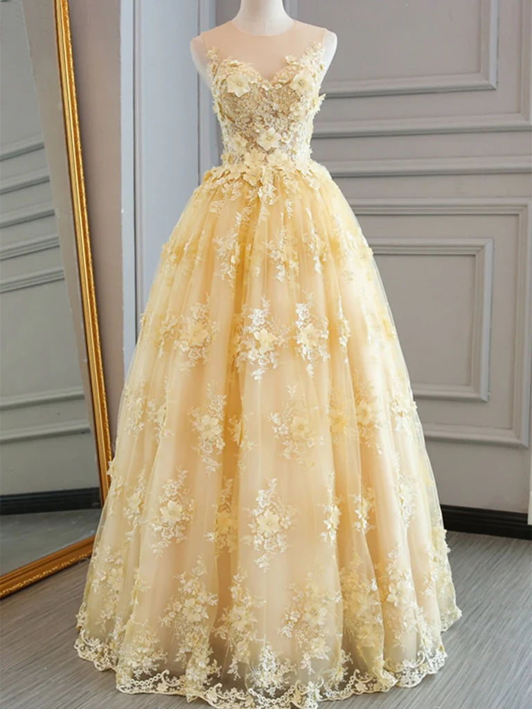 A Line Round Neck Appliques Yellow Lace Tulle Prom Dresses Evening Dresses DP866