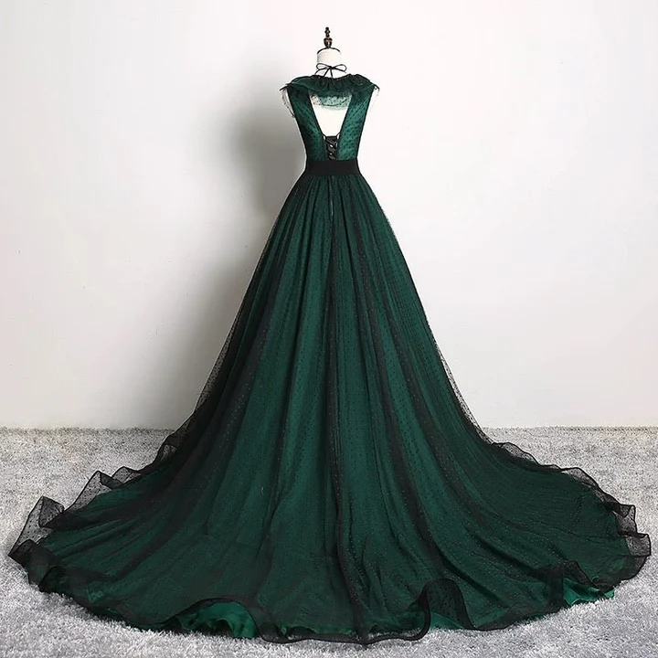 Gothic Forest Green Tulle Ball Gown Ruffles V Neck Long Prom Dress  DP453