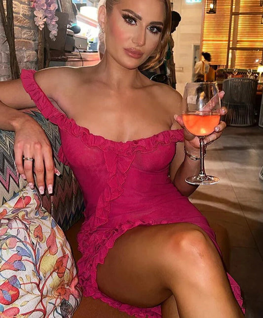 Sexy Sheath Off the Shoulder Hot Pink Tulle Short Party Dress Birthday Dress DP1455