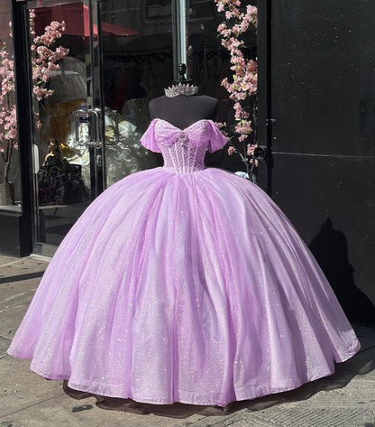 Glitter Off The Shoulder Pink Ball Gown Quinceanera Dress DP683