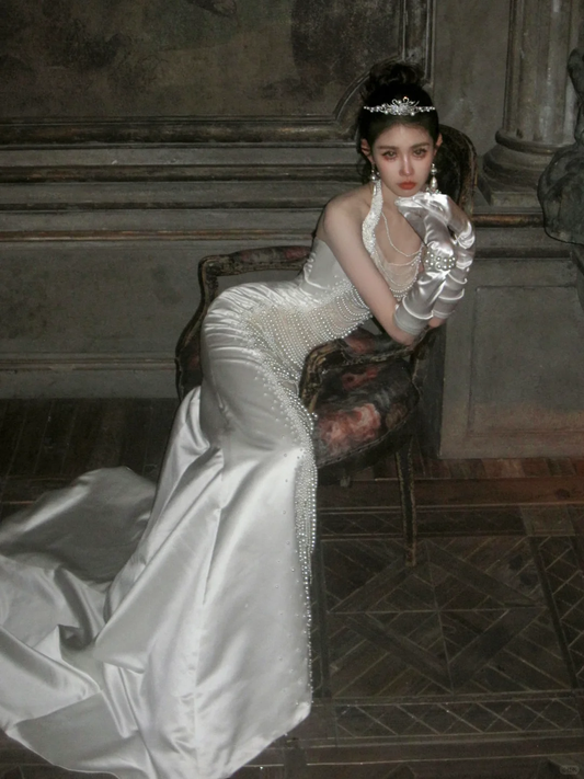 Gorgeous Mermaid Halter Pearl White Satin Long Sweep Wedding Dress Evening Dress DP2457