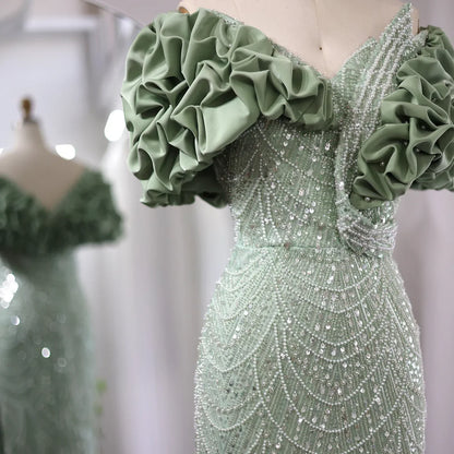 Elegant Mermaid Off-the-shoulder Sage Green Beaded Satin Slit Evening Dress DP956
