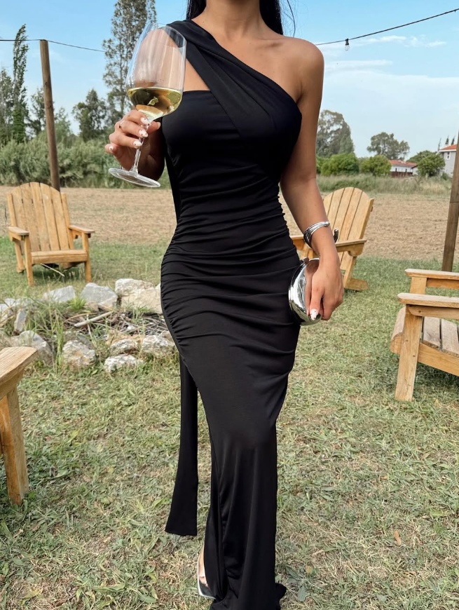 Black Sheath One Shoulder Satin Long Prom Dress Party Dress DP8218