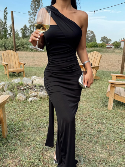 Black Sheath One Shoulder Satin Long Prom Dress Party Dress DP8218
