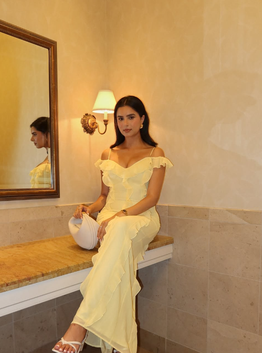 Yellow A Line Off the Shoulder Ruffles Chiffon Long Prom Dress Evening Dress DP1522