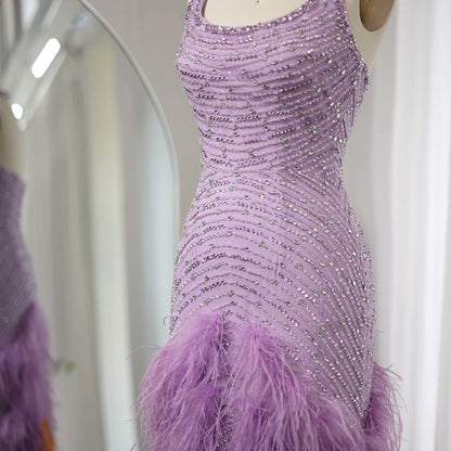 Luxury Feathers Lilac Halter Beading Satin Evening Dress Prom Dress DP959