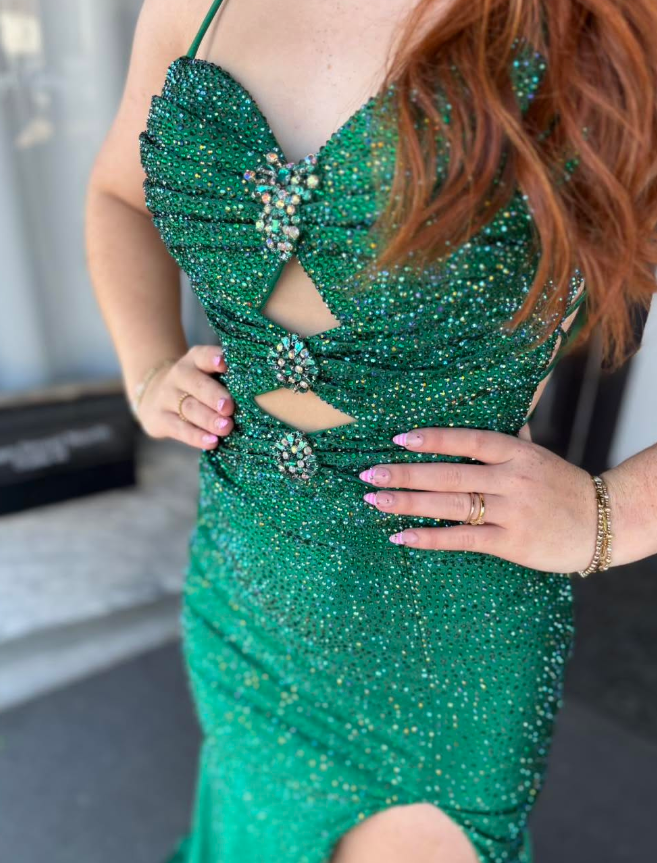 Dazzling Green Mermaid Straps Exquisite Beaded Satin Slit Long Prom Dress Evening Dress DP6265