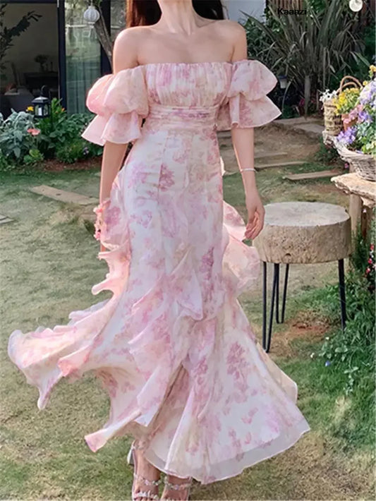Pretty Mermaid Off the Shoulder Print Floral Chiffon Evening Dress Prom Dress DP1447
