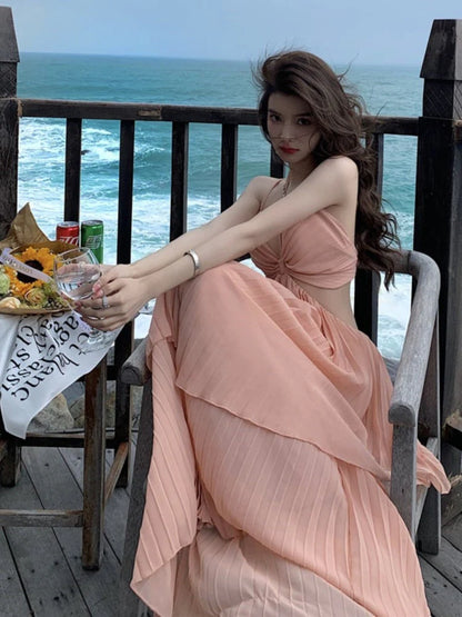 Sexy A Line Spaghetti Straps Chiffon Open Back Evening Dress Outfits DP1458