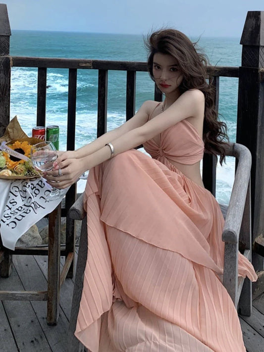 Sexy A Line Spaghetti Straps Chiffon Open Back Evening Dress Outfits DP1458