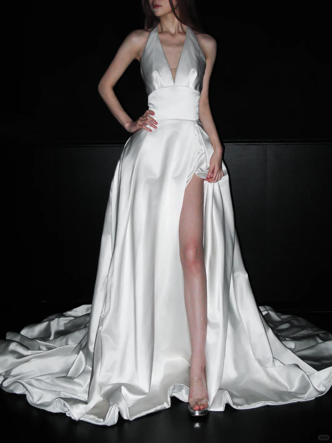 Stunning A Line Halter White Satin Backless Long Wedding Dress DP5201