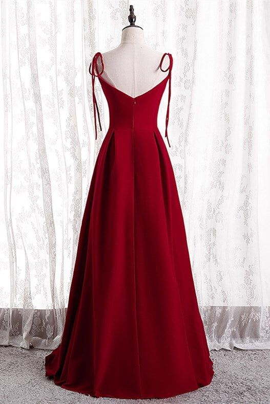 Spaghetti Straps A-Line Red Satin Simple Long Prom Dress Bridesmaid Dress DP406