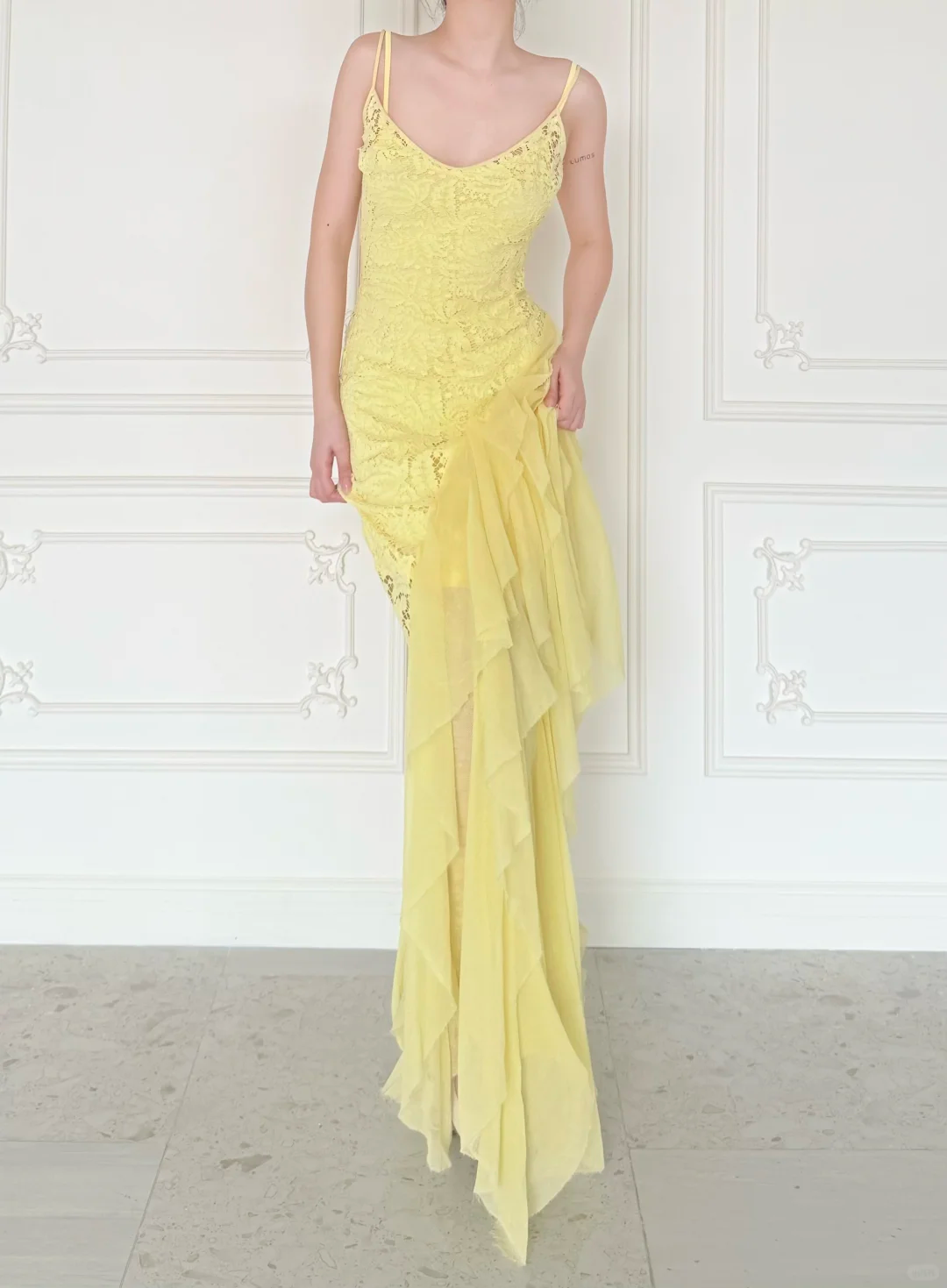 Stunning Yellow Sheath Spaghetti Strap Lace Chiffon Prom Dress Evening Dress DP6444