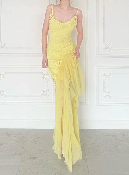Stunning Yellow Sheath Spaghetti Strap Lace Chiffon Prom Dress Evening Dress DP6444