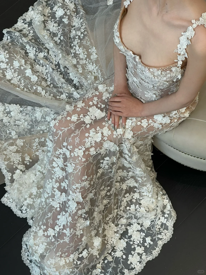 Stunning Mermaid Spaghetti Strap Floral Tulle Long Sweep Wedding Dress Prom Dress DP4418