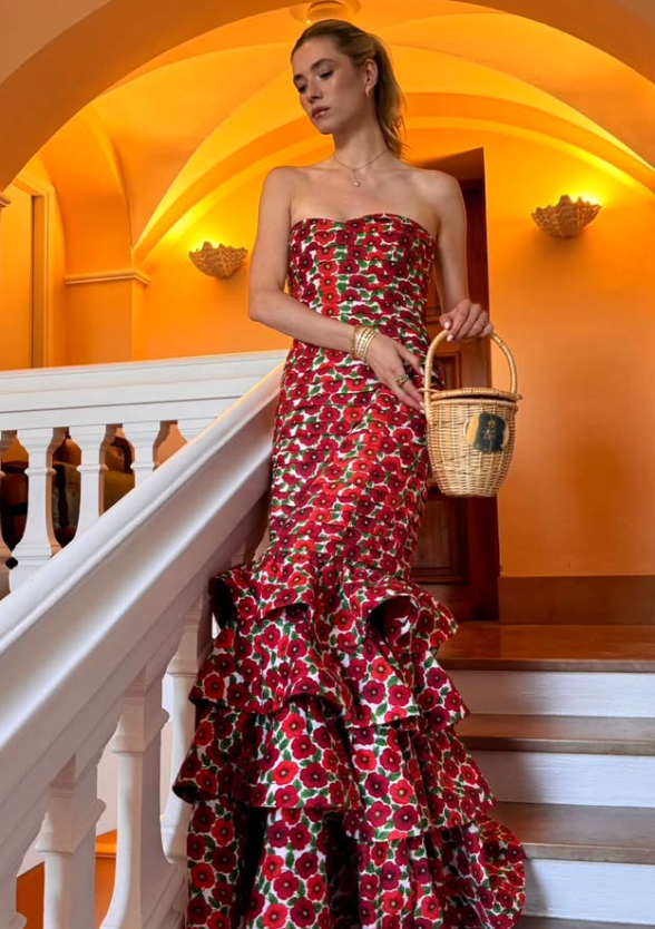 Red Print Mermaid Strapless Layered Satin Long Prom Dress Evening Dress DP7122