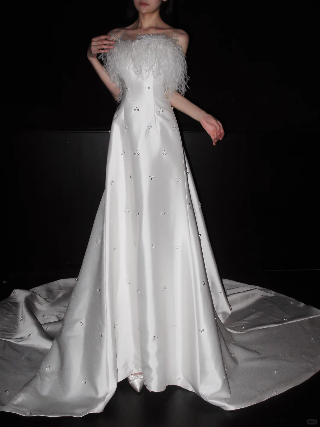Sweety A Line Strapless White Feather Beaded Satin Long Wedding Dress DP5786