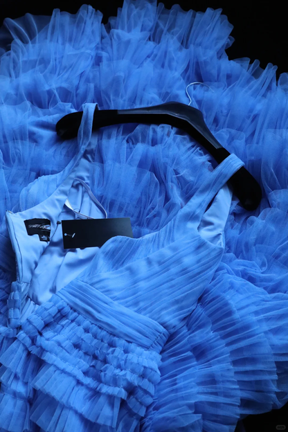 Elegant A Line Straps Blue Layered Tulle Prom Dress Wedding Guest Dress DP4759