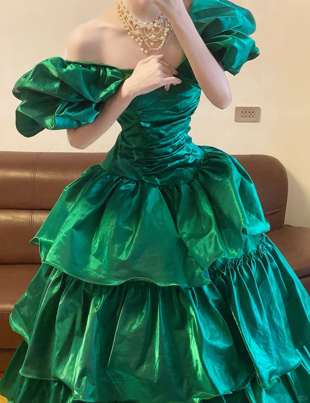 Stunning A Line Off the Shoulder Emerald Satin Long Sweep Party Dress Prom Dress DP2443