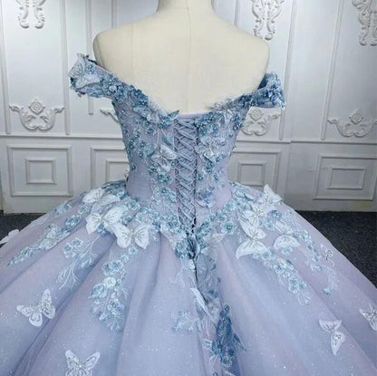 Beautiful 3D Flowers Prom Dress Purple Tulle Butterflies Beaded Quinceañera Dress Sweet Sixteen Pageant Long Party Gown DP188