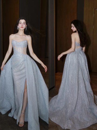 Stunning A Line Strapless Corset Silver Sequin Prom Dress Graduation Prom Dress DP1998