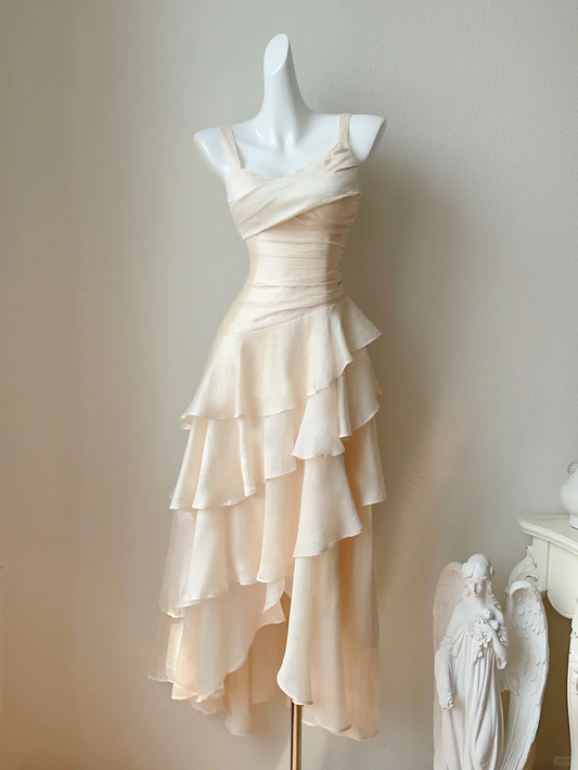 Pretty Mermaid Spaghetti Strap Light Apricot Layered Satin Prom Dresses Outfits DP4196