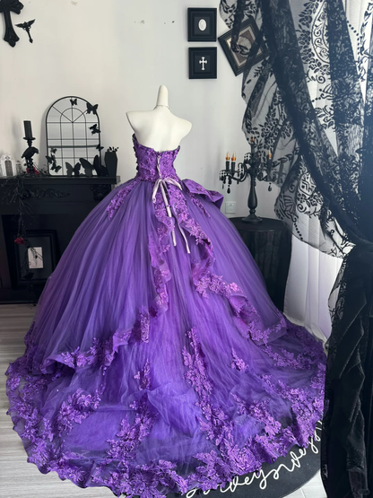 Purple Ball Gown Sweetheart Neck Appliques Lace Prom Dress Quinceanera Dress DP6951