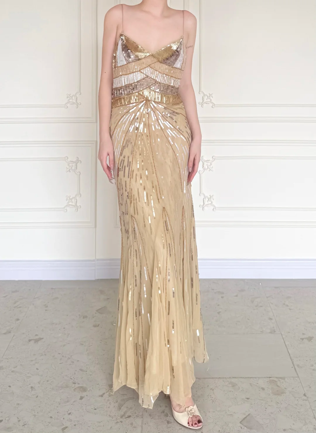 Shiny Gold Vintage A Line Straps Sequin Chiffon Long Prom Dress DP5070