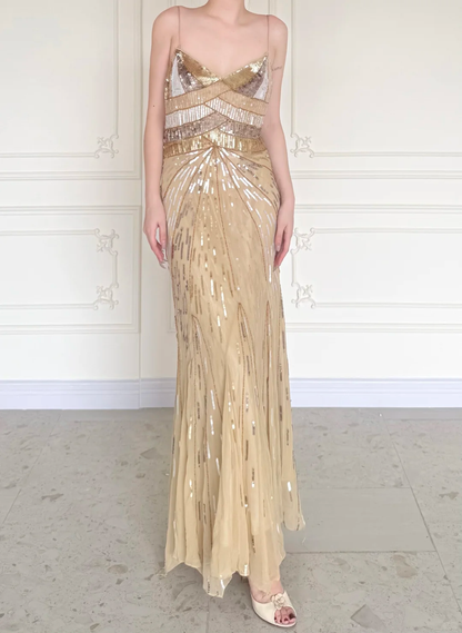 Shiny Gold Vintage A Line Straps Sequin Chiffon Long Prom Dress DP5070