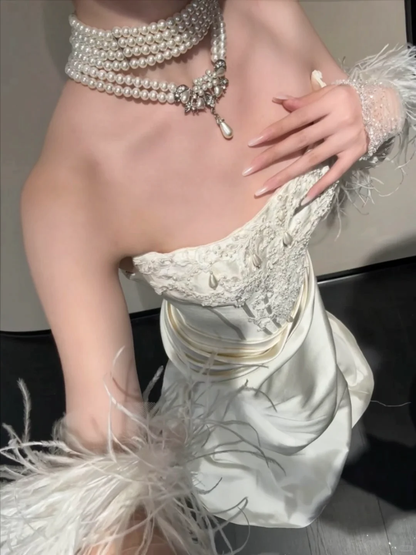 Pretty Mermaid Strapless Pearl Appliques White Satin Long Wedding Dress DP4420