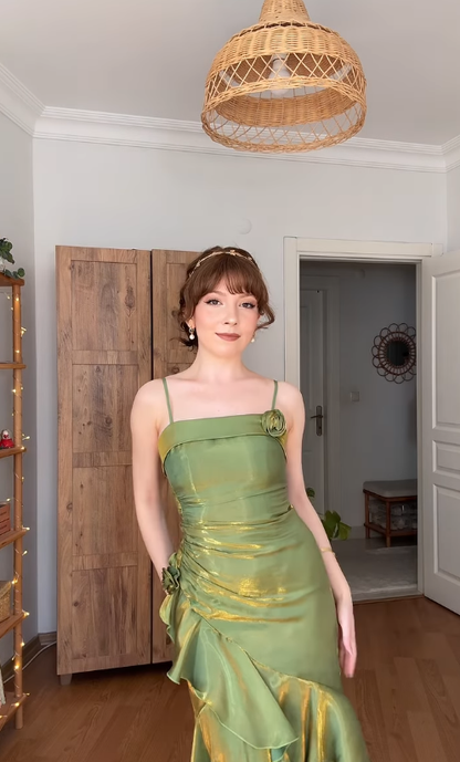 Vintage Green Mermaid Spaghetti Straps Ruffle Satin Prom Dress Outfits DP4436