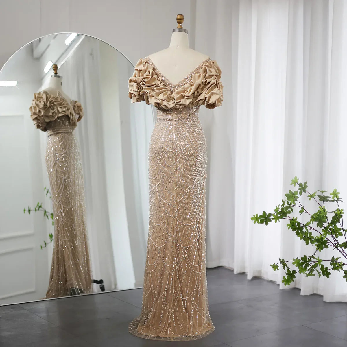 Elegant Mermaid Off-the-shoulder Sage Green Beaded Satin Slit Evening Dress DP956
