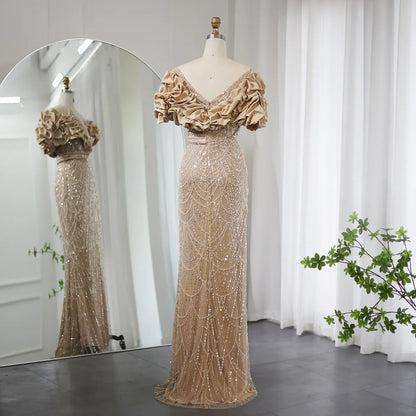 Elegant Mermaid Off-the-shoulder Sage Green Beaded Satin Slit Evening Dress DP956