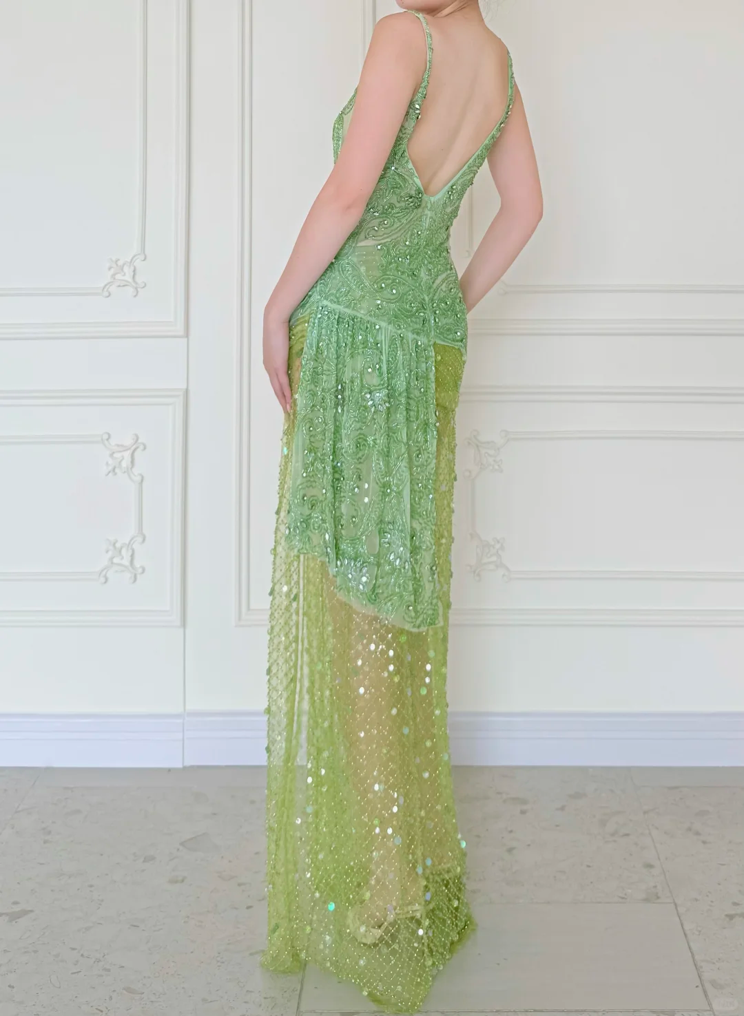 Summer Green A Line V Neck Shiny Beaded Slit Long Prom Dress Evening Dress DP5472