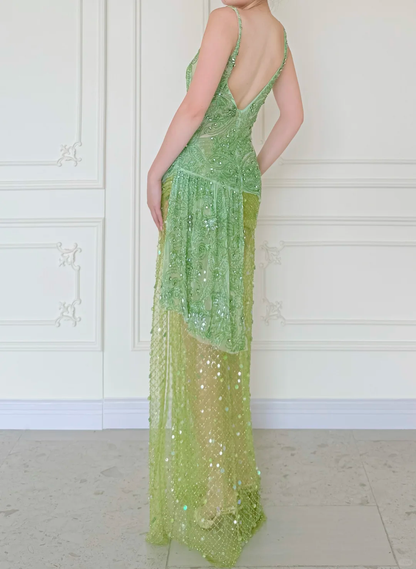 Summer Green A Line V Neck Shiny Beaded Slit Long Prom Dress Evening Dress DP5472