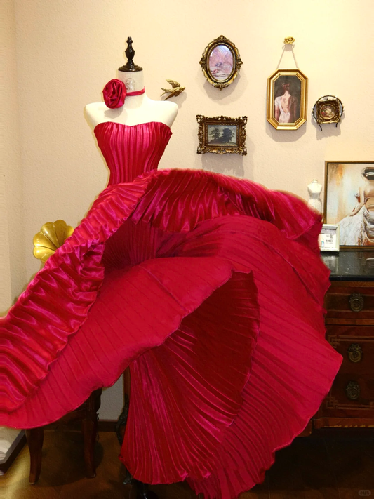 Red A Line Sweetheart Neck Pleated Satin Prom Dress Evening Dress DP3904