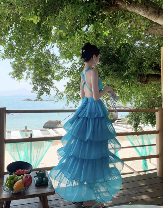 Blue Backless A Line Halter Layered Chiffon Long Vacation Dress Outfits DP3401
