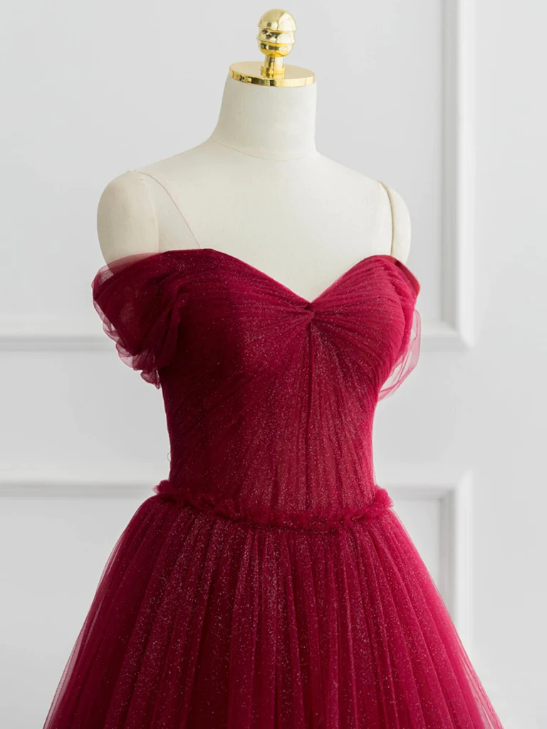 Sweet Tulle Burgundy Long Prom Dress Off Shoulder  Evening Dress DP021